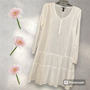 Lucky Brand White Boho Tunic Dress. 100% Cotton. Size Large